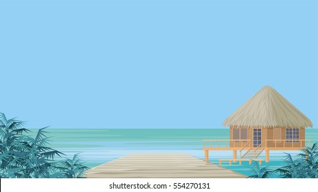 Bungalows on the ocean surrounded by tropical plants. South sea landscape. Vector background