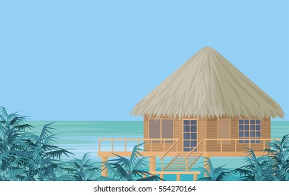 Bungalows on the ocean surrounded by tropical plants. South sea landscape. Vector background
