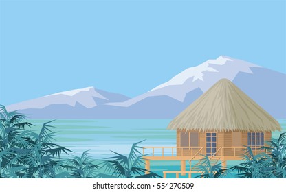 Bungalows on the ocean surrounded by tropical plants. South sea landscape. Vector background