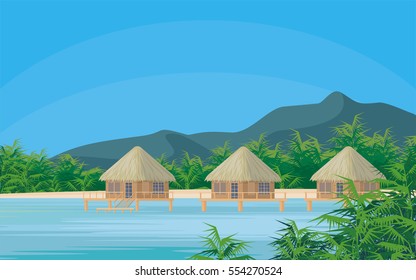 Bungalows on the ocean surrounded by tropical plants. South sea landscape. Vector background