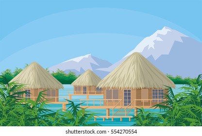 Bungalows on the ocean surrounded by tropical plants. South sea landscape. Vector background