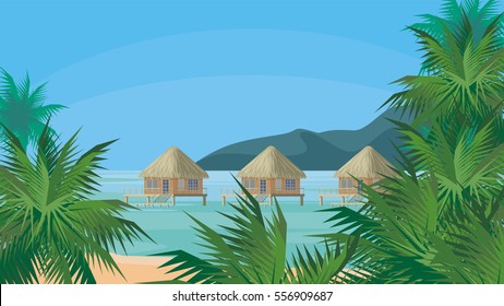 Bungalows on the ocean surrounded by tropical plants. South sea landscape. Vector background. 