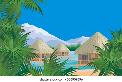 Bungalows on the ocean surrounded by tropical plants. South sea landscape. Vector background. 