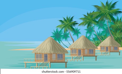 Bungalows On The Ocean Surrounded By Tropical Plants. South Sea Landscape. Vector Background. 