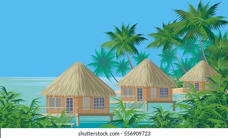 Bungalows On The Ocean Surrounded By Tropical Plants. South Sea Landscape. Vector Background. 