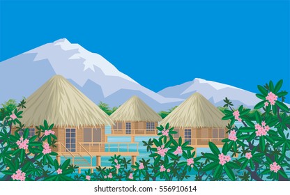 Bungalows on the ocean surrounded by tropical plants. South sea landscape. Vector background. 