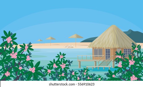 Bungalows on the ocean surrounded by tropical plants. South sea landscape. Vector background. 