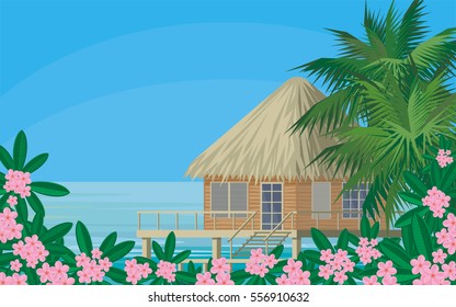 Bungalows on the ocean surrounded by tropical plants. South sea landscape. Vector background. 