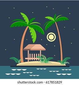 Bungalows under palm trees on the island. Tropical night with the moon and stars. Background with sea views.  Flat style vector 

illustration.