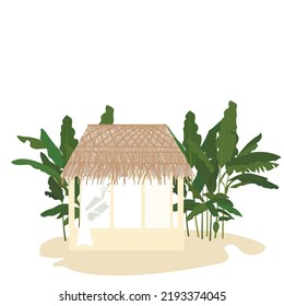 Bungalows vector stock illustration. A house with a thatched roof. Palm trees and a hut on a tropical island. Travel, vacation, vacation. Isolated on a white background.