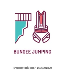 Bungee jumping and body harness color line icon. Extreme sport. High jump. Jump down. Pictogram for web page, mobile app, promo. UI UX GUI design element. Editable stroke.