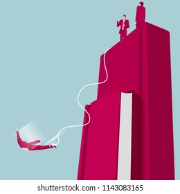 Bungee jumping from book. The background is blue.