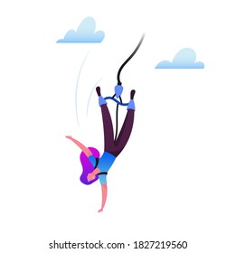 Bungee Jumping Concept. Brave Female Character Jump with Rope from Great Height. Extreme Sports Activity, Fun, Risky Recreation, Adrenaline Addiction, Ropejumping Concept. Cartoon Vector Illustration