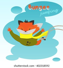 Bungee jumping: cute cartoon Fox jumps elastic on the background of clouds