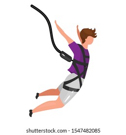 Bungee jumping flat vector illustration. Freefalling, skydiving experience. Extreme sports. Active lifestyle. Outdoor activities. Sportsman isolated cartoon character on white background