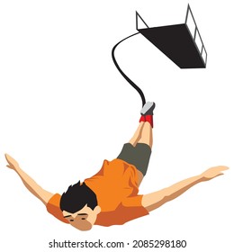 Bungee jumping flat vector illustration. Freefalling, skydiving experience. Extreme sports. Active lifestyle. Outdoor activities. Sportsman isolated cartoon character on white background