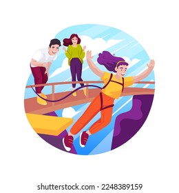 Bungee jumping isolated cartoon vector illustration. Parents and kids wearing equipment, bungee jumping at lake, family extreme activity, young teen flying on rope from bridge vector cartoon.