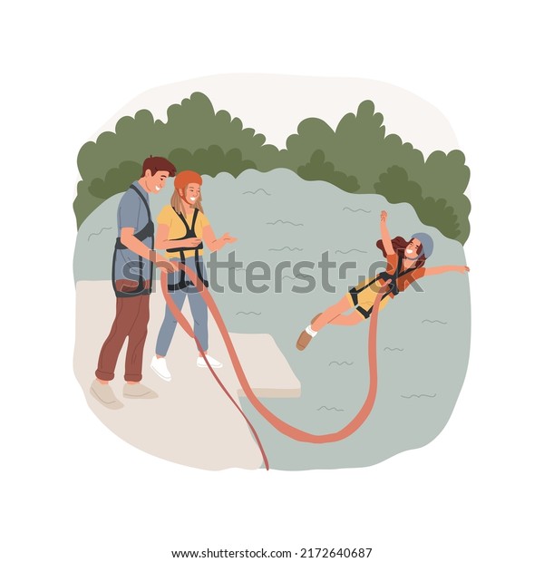 Bungee jumping isolated cartoon vector\
illustration. Parents and kids wearing equipment, bungee jumping at\
lake, family extreme activity, young teen flying on rope from\
bridge vector cartoon.
