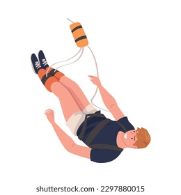 Bungee Jumping with Man Character Free Falling Down from Great Height Connected to Elastic Cord Vector Illustration