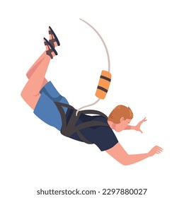 Bungee Jumping with Man Character Free Falling Down from Great Height Connected to Elastic Cord Vector Illustration