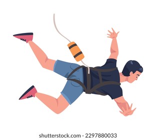 Bungee Jumping with Man Character Free Falling Down from Great Height Connected to Elastic Cord Vector Illustration