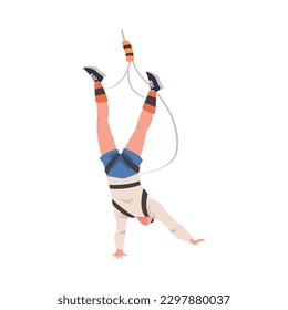 Bungee Jumping with Man Character Free Falling Down from Great Height Connected to Elastic Cord Vector Illustration