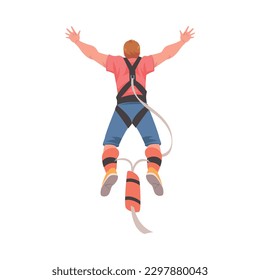 Bungee Jumping with Man Character Free Falling Down from Great Height Connected to Elastic Cord Vector Illustration