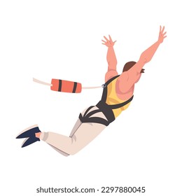 Bungee Jumping with Man Character Free Falling Down from Great Height Connected to Elastic Cord Vector Illustration