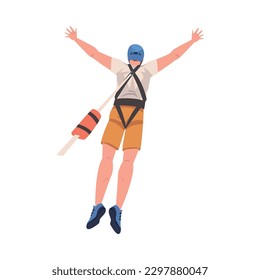 Bungee Jumping with Man Character Free Falling Down from Great Height Connected to Elastic Cord Vector Illustration