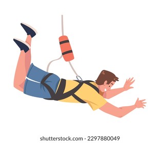 Bungee Jumping with Man Character Free Falling Down from Great Height Connected to Elastic Cord Vector Illustration