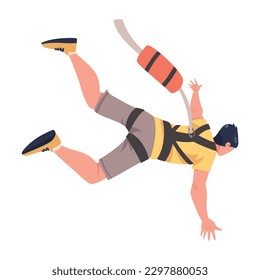 Bungee Jumping with Man Character Free Falling Down from Great Height Connected to Elastic Cord Vector Illustration