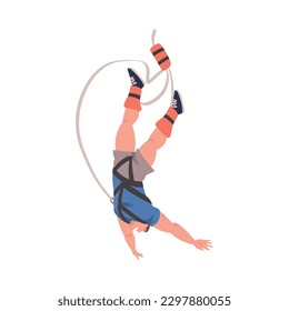 Bungee Jumping with Man Character Free Falling Down from Great Height Connected to Elastic Cord Vector Illustration