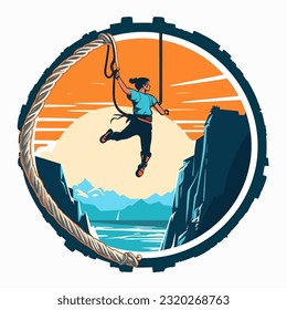 Bungee jumping man on the ropes. Extreme sport vibes. Cartoon illustration. isolated background, label, sticker