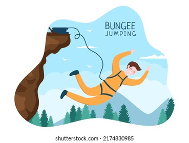 Bungee Jumping of People Tied with Elastic Rope Falling Down After Jump From a Height in Flat Cartoon Extreme Sport Vector Illustration