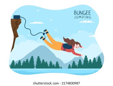 Bungee Jumping of People Tied with Elastic Rope Falling Down After Jump From a Height in Flat Cartoon Extreme Sport Vector Illustration