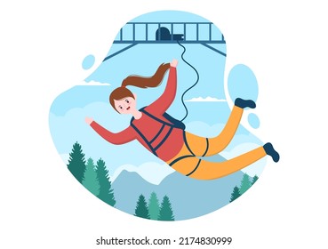 Bungee Jumping of People Tied with Elastic Rope Falling Down After Jump From a Height in Flat Cartoon Extreme Sport Vector Illustration