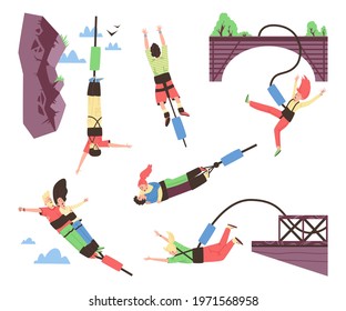 Bungee jumping personages collection, flat vector illustration isolated on white background. Set of people characters engaged in extreme bungee jumping.