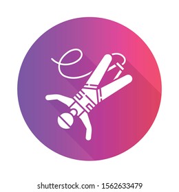 Bungee jumping purple flat design long shadow glyph icon. Extreme sport. Bungy jumper falling down. Adrenaline recreation. Risky leap with rope. Vector silhouette illustration