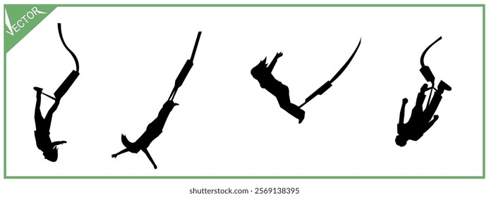 Bungee jumping silhouette set. Isolated on white background. Extreme sport.