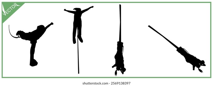 Bungee jumping silhouette set. Isolated on white background. Extreme sport.