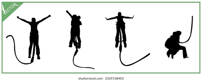 Bungee jumping silhouette set. Isolated on white background. Extreme sport.