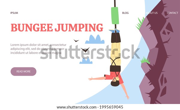 Bungee jumping sport advertising
website page template with cartoon character of jumper, flat vector
illustration. Web banner with man jumping with
bungee.