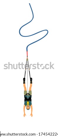 Bungee jumping sport man vector illustration isolated on white background. Extreme sportsman jumps on a rope from a great height. Ropejumping flight activity. Rope bungy jumping.