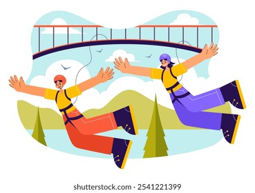 Bungee Jumping Vector Illustration featuring a Person Falling from a Great Height with an Elastic Rope in an Extreme Sport Flat Cartoon Background