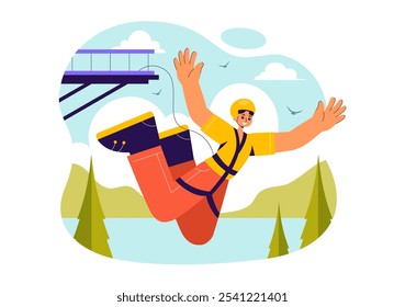 Bungee Jumping Vector Illustration featuring a Person Falling from a Great Height with an Elastic Rope in an Extreme Sport Flat Cartoon Background