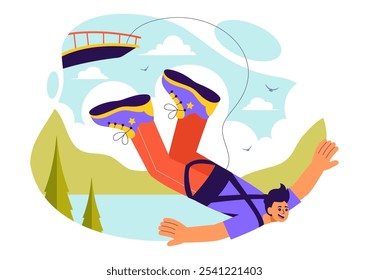 Bungee Jumping Vector Illustration featuring a Person Falling from a Great Height with an Elastic Rope in an Extreme Sport Flat Cartoon Background