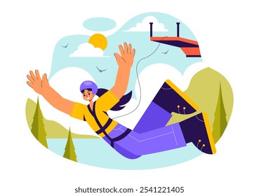 Bungee Jumping Vector Illustration featuring a Person Falling from a Great Height with an Elastic Rope in an Extreme Sport Flat Cartoon Background