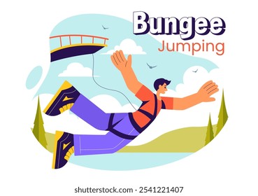 Bungee Jumping Vector Illustration featuring a Person Falling from a Great Height with an Elastic Rope in an Extreme Sport Flat Cartoon Background