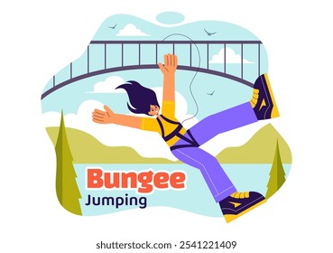 Bungee Jumping Vector Illustration featuring a Person Falling from a Great Height with an Elastic Rope in an Extreme Sport Flat Cartoon Background