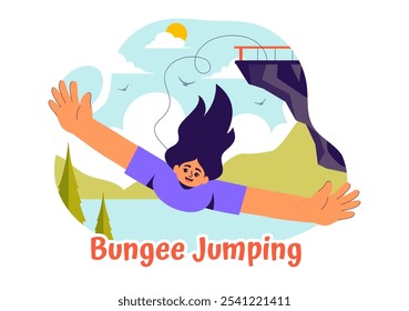 Bungee Jumping Vector Illustration featuring a Person Falling from a Great Height with an Elastic Rope in an Extreme Sport Flat Cartoon Background